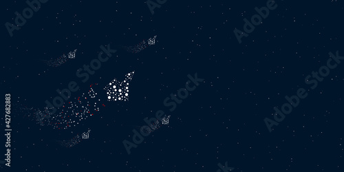 A chart up symbol filled with dots flies through the stars leaving a trail behind. Four small symbols around. Empty space for text on the right. Vector illustration on dark blue background with stars