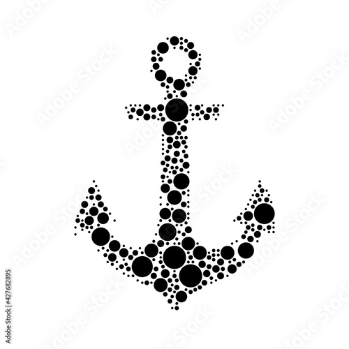 A large sea anchor symbol in the center made in pointillism style. The center symbol is filled with black circles of various sizes. Vector illustration on white background