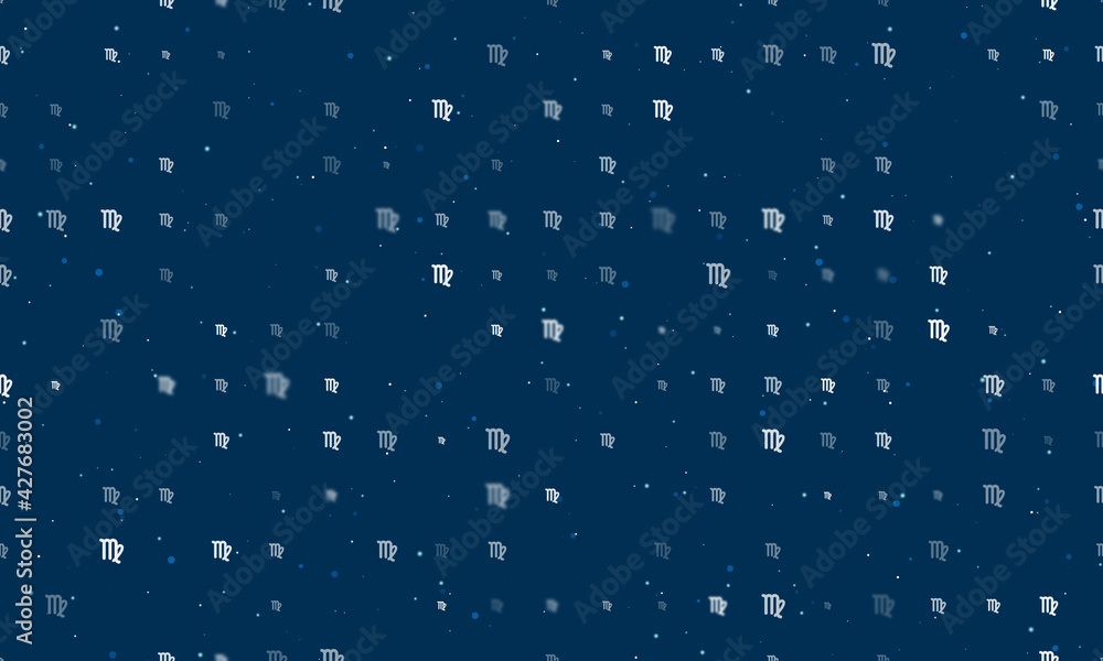 Seamless background pattern of evenly spaced white zodiac virgo symbols of different sizes and opacity. Vector illustration on dark blue background with stars