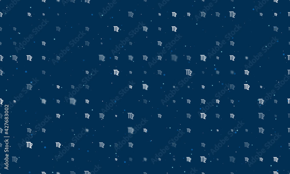 Seamless background pattern of evenly spaced white zodiac virgo symbols of different sizes and opacity. Vector illustration on dark blue background with stars Seamless background pattern of evenly spaced white zodiac virgo symbols of different sizes and opacity. Vector illustration on dark blue background with stars