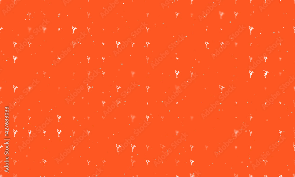 Seamless background pattern of evenly spaced white figure skating symbols of different sizes and opacity. Vector illustration on deep orange background with stars