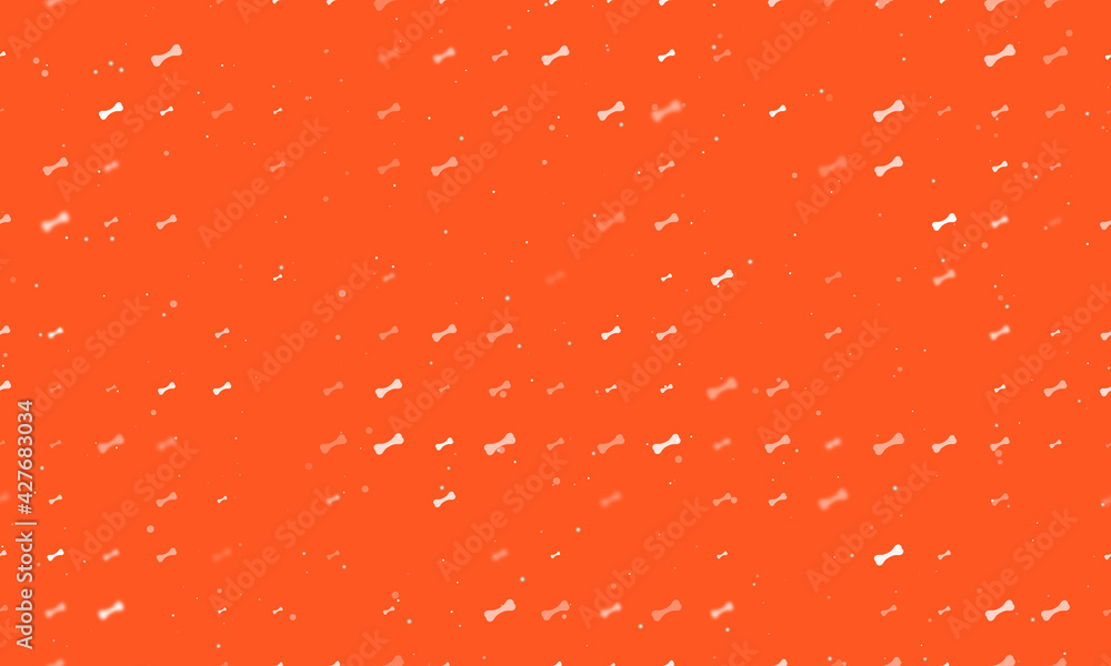 Seamless background pattern of evenly spaced white dog bone symbols of different sizes and opacity. Vector illustration on deep orange background with stars Seamless background pattern of evenly spaced white dog bone symbols of different sizes and opacity. Vector illustration on deep orange background with stars