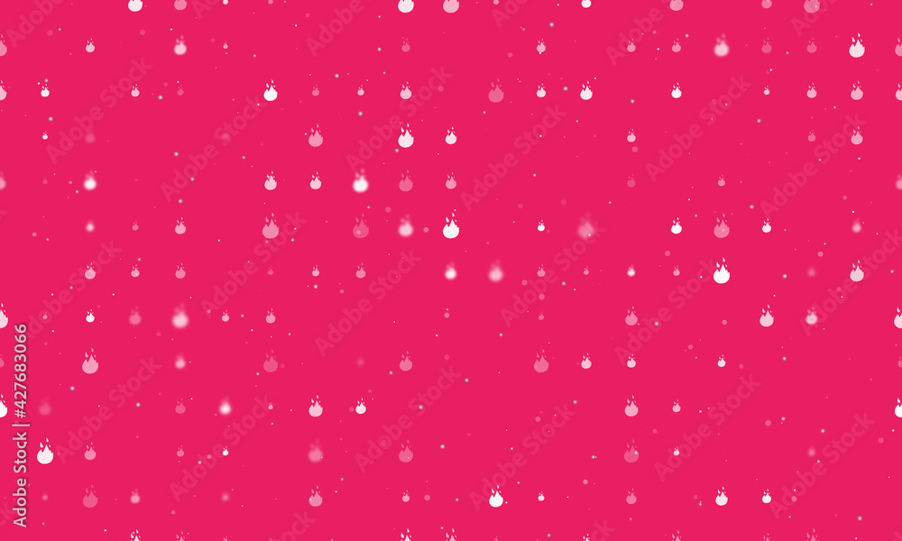 Seamless background pattern of evenly spaced white fire symbols of different sizes and opacity. Vector illustration on pink background with stars