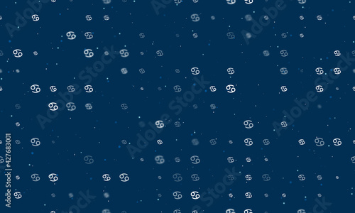 Seamless background pattern of evenly spaced white cancer zodiac symbols of different sizes and opacity. Vector illustration on dark blue background with stars