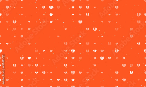 Seamless background pattern of evenly spaced white broken heart symbols of different sizes and opacity. Vector illustration on deep orange background with stars