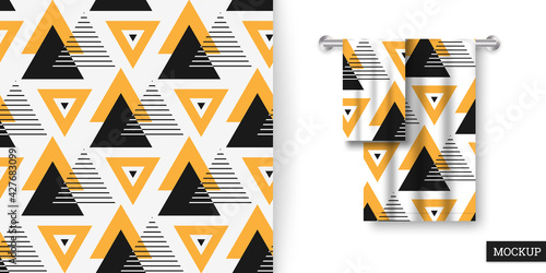 Geometric seamless pattern with triangles. Colorful abstract background. Repeating texture. Vector illustration geometric shapes. Modern ornament. Design paper, wallpaper, fabric. Mockup.
