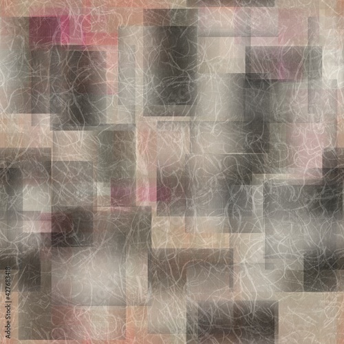 Seamless overlaid geometric shape pattern print. High quality illustration. Transparent rectangles filled with gradient colors scattered. Handmade paper texture overlay.