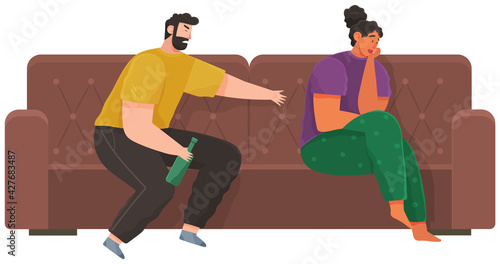 Drunk man scolding his wife while drinking booze. Arguing, reprimanding, having argument fight