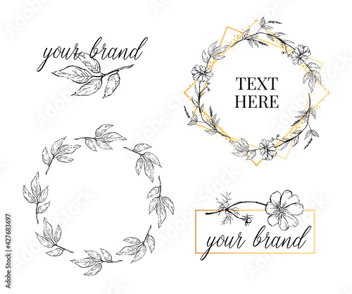 Beautiful card with a round wreath of different flowers of vintage garden. Black and white frame of the Roses, hydrangea and dog-rose on mint background. Vector illustration