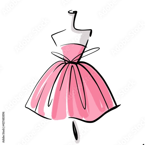 Pink dress on a mannequin. Linear graphics. Illustration on white background. For postcards and business cards