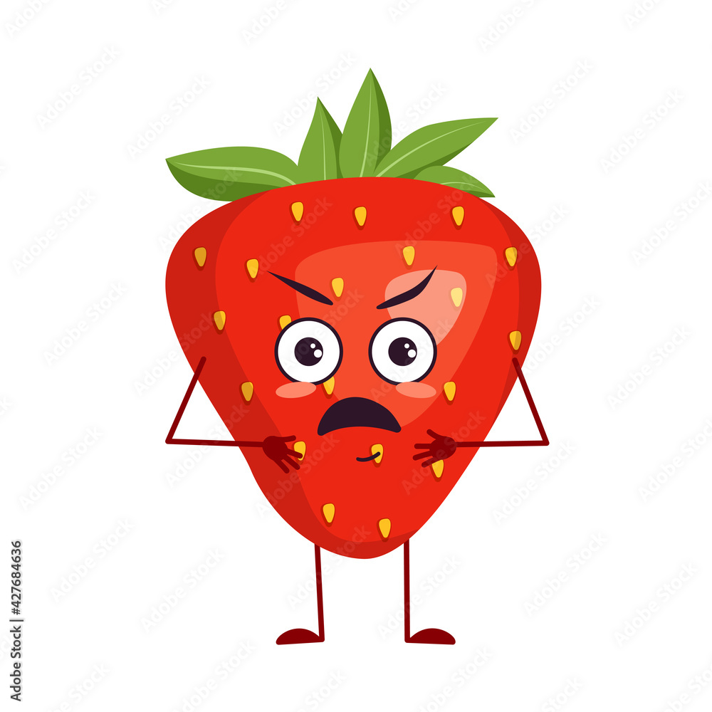 Fototapeta premium Cute strawberry characters with angry emotions, face, arms and legs. The funny or grumpy hero, red fruit and berry