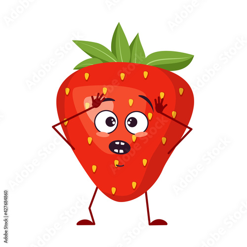 Cute strawberry characters with emotions in a panic grabs his head, face, arms and legs. The funny or sad hero, red fruit and berry