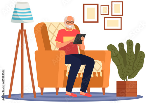 Old people play video game. Senior people with different gadgets. Oldster education on computer