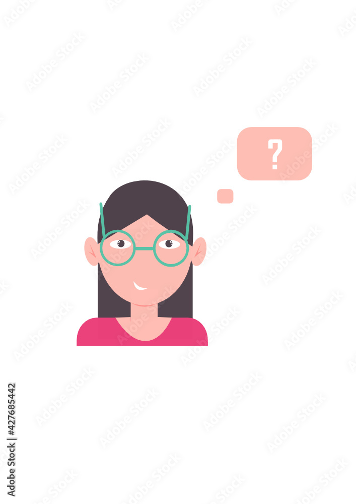 Business icon. Icon of a girl with glasses. Girl in glasses with a question mark. Young brunette in a pink sweater. Vector illustration. Isolated.