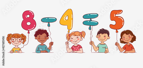Funny kids with number balloons. Vector cute boys and girls collection. Multi-ethnic group of happy children. Different cartoon faces icons