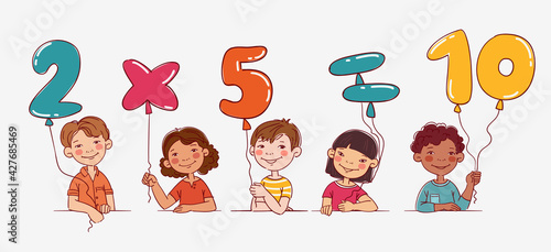 Funny kids with number balloons. Vector cute boys and girls collection. Multi-ethnic group of happy children. Different cartoon faces icons