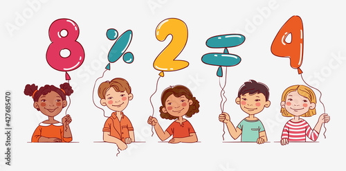 Funny kids with number balloons. Vector cute boys and girls collection. Multi-ethnic group of happy children. Different cartoon faces icons