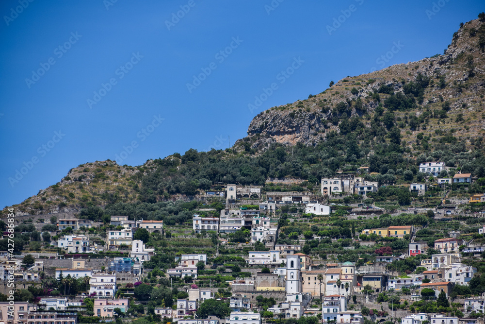 View to houses in the mountainsn Amalfi coast in Italy. Town in mountains.