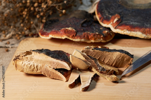 Sliced Ganoderma Lucidum mushroom (also called as Reishi mushroom or Lingzhi mushroom) on wooden background. Chinese herbal medicine