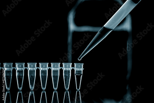  PCR Tube Strips Well  and Pipette in genetic research laboratory close up photo