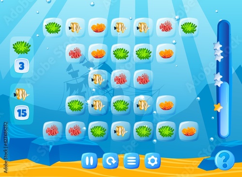 Fish game, art sea underwater world, nature element, interface with level selection screen, cartoon style vector illustration.