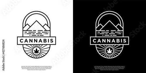 Retro vintage cannabis and mountain logo design with line art style