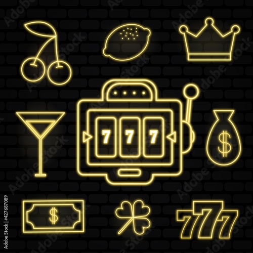 Casino neon collection vector icons set. Isolated on black Background. Casino Emblems and Labels, Bright Neon Sign, Slot Machine, Roulette, Poker, Dice Game. Vector illustration