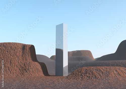 Tableau sur toile A mysterious metallic monolith in the middle of a rocky desert landscape