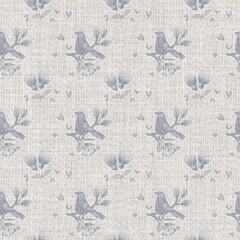 Handdoek met foto Landelijke stijl patronen Franse landelijke vogels op blauw linnen  © Limolida Studio