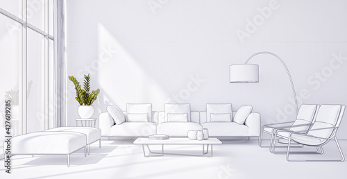 Illustration 3D rendering large luxury modern bright interiors Living room mockup computer digitally generated image