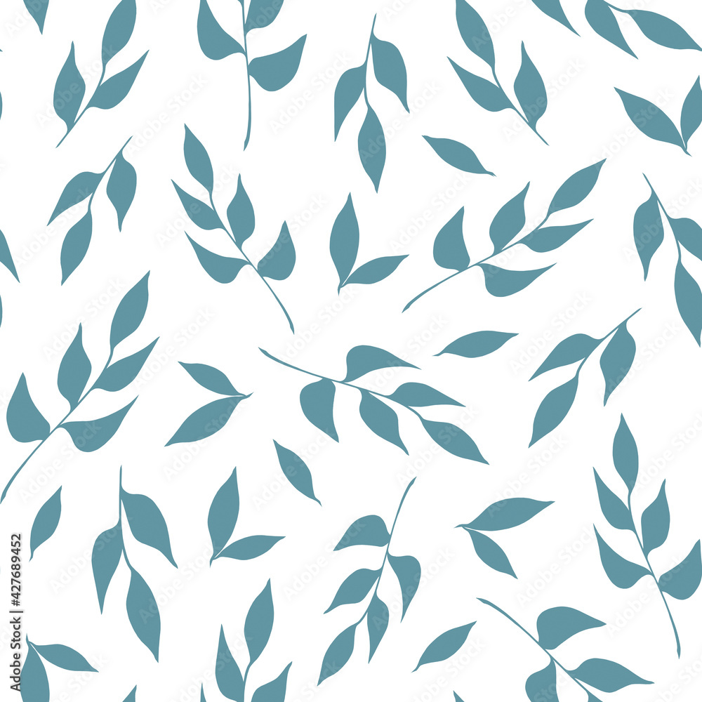 Light blue dusty leaves on a white background. Delicate botanical print. Seamless pattern. Hand drawn illustration. For printing on fabric, packaging design. Light blue dusty leaves on a white background. Delicate botanical print. Seamless pattern. Hand drawn illustration. For printing on fabric, packaging design.