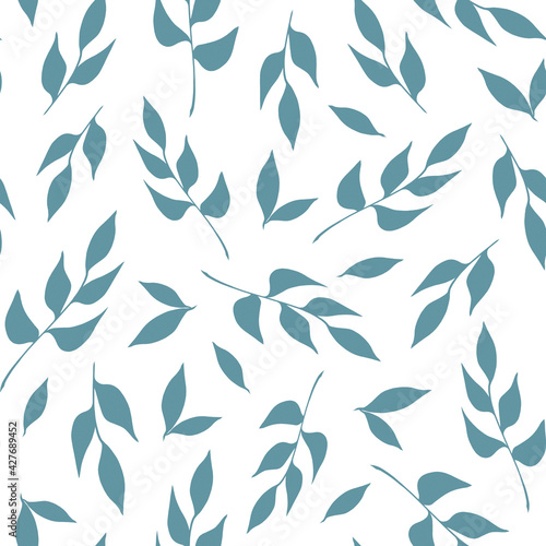 Light blue dusty leaves on a white background. Delicate botanical print. Seamless pattern. Hand drawn illustration. For printing on fabric, packaging design.