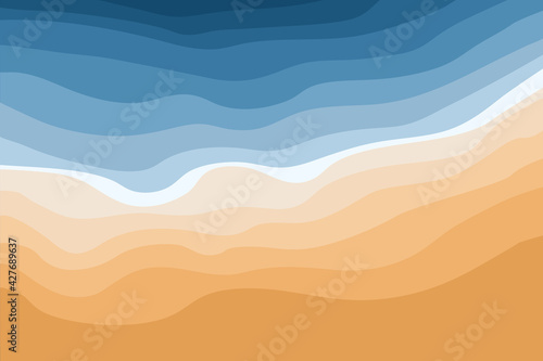 Top view of the blue sea and sandy beach. Ocean waves. Abstract stylish background with tropical coastline. Concept of travel, leisure and tourism. Vector poster wall art