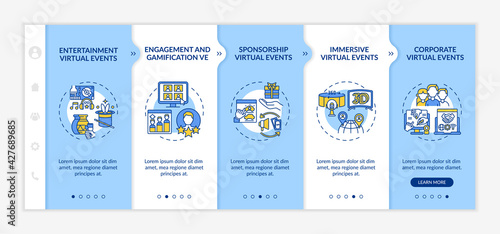 Remote events kinds onboarding vector template. Responsive mobile website with icons. Web page walkthrough 5 step screens. Gamification, immersive sessions color concept with linear illustrations