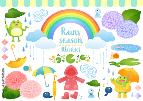 かわいい梅雨の水彩風ベクターイラストセット