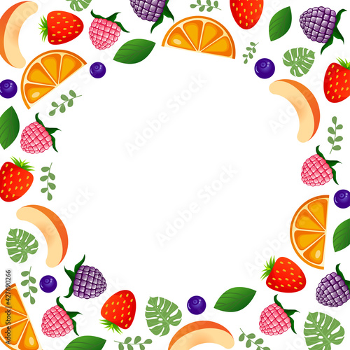 Frame made of fruits and berries on a white background to insert text  advertising  postcards. Vector flat illustration. Cartoon style. Orange  strawberry  blueberry  raspberry  blackberry  peach.