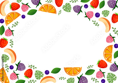 Fototapeta Naklejka Na Ścianę i Meble -  Frame made of fruits and berries on a white background to insert text, advertising, postcards. Vector flat illustration. Cartoon style. Orange, strawberry, blueberry, raspberry, blackberry, peach.