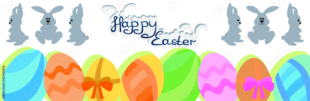 Fototapeta premium happy easter banner poster greeting eggs written text on white background