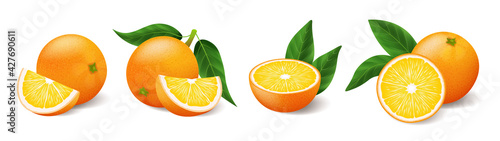 Realistic bright yellow oranges with green leaf whole and sliced set