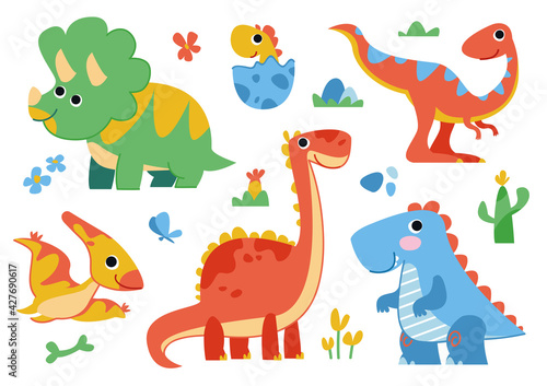 Clipart set of cute colored dinosaurs. T-rex, diplodocus, triceratops, pterodactel. Vector illustration in cartoon style fun © GreenPencil