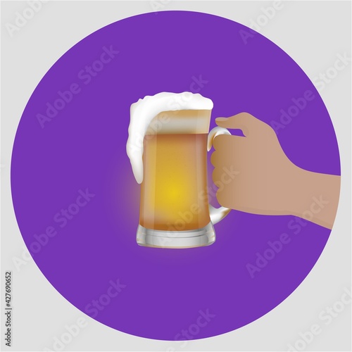 Mug of beer in hand on a turquoise background. Oktoberfest banner. Bar menu illustration. Vector.
