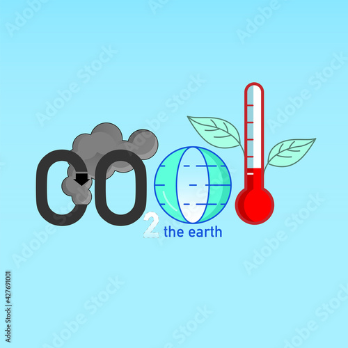 Playing on word CO2 as a gimmick of cool the earth typographic design. Reducing carbon dioxide emissions is a way to make the earth cool. Vector illustration outline flat design style.
