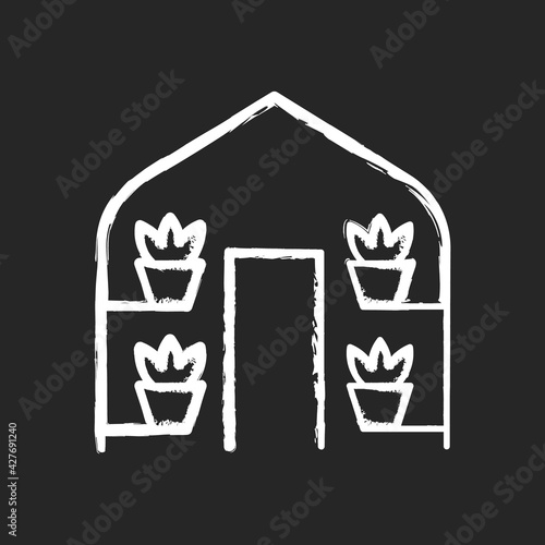 Greenhouses chalk white icon on black background. Structure with walls and roof in which plants requiring regulated climatic conditions are grown. Isolated vector chalkboard illustration