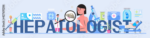 Hepatologist vector for medical website, landing page, header. Concept of hepatitis A, B, C, D, cirrhosis, world hepatitis day. Tiny doctors of hepatolog