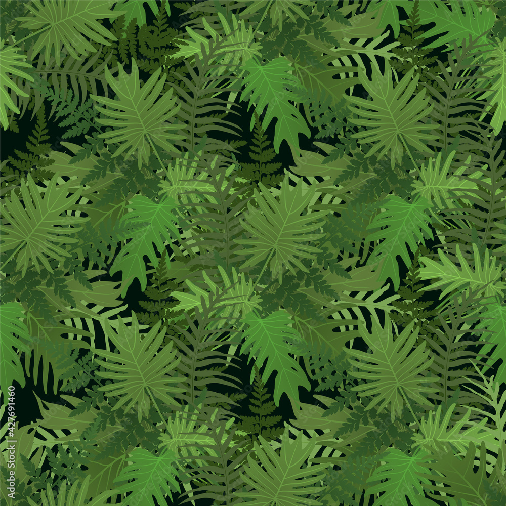 Green vector tropical pattern with jungle leaves decor, seamless fabric background.