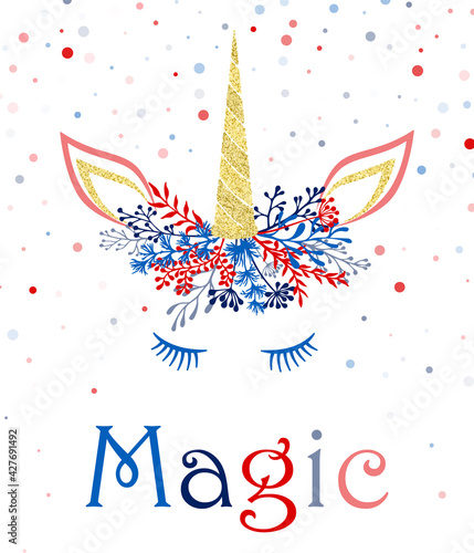 Unicorn horn in flowers and twigs wreath tiara illustration for card