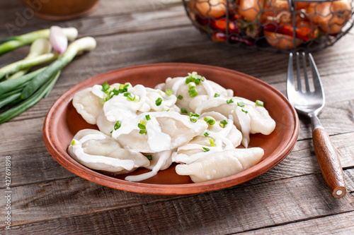 Dumplings with potato filling. Dumplings in a clay plate. Free space for text