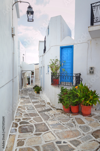 Beautiful alley with whitewashed houses at the traditional village of Lefkes  in Paros island  Cyclades islands  Greece  Europe.