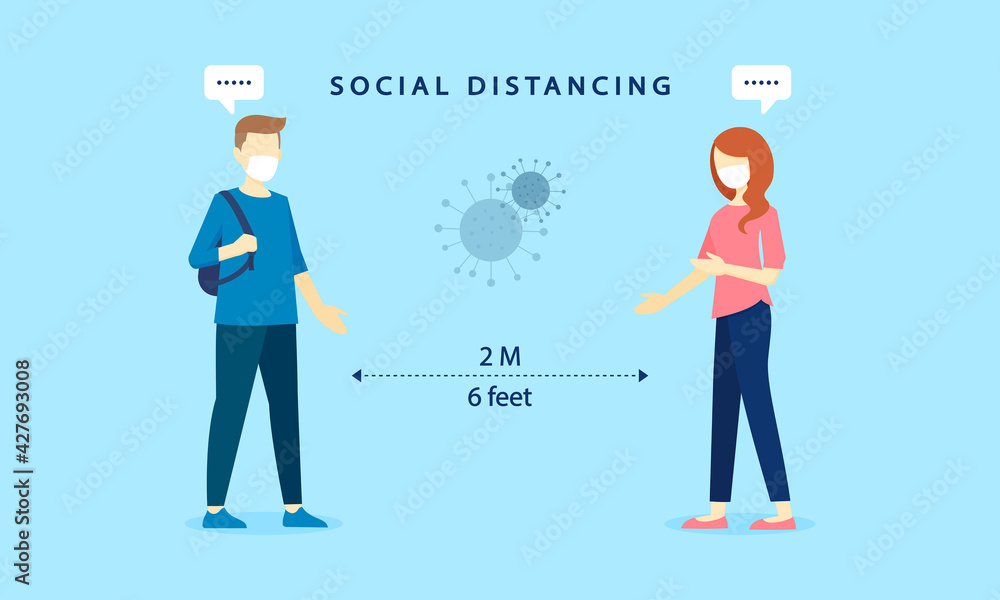 Social distancing, Man and woman are greeting and keeping their distance. To prevent infection and spread the COVID-19 virus. Health care concept. Vector illustration.