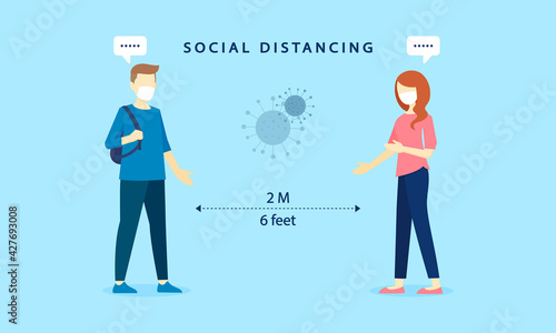 Social distancing, Man and woman are greeting and keeping their distance. To prevent infection and spread the COVID-19 virus. Health care concept. Vector illustration.